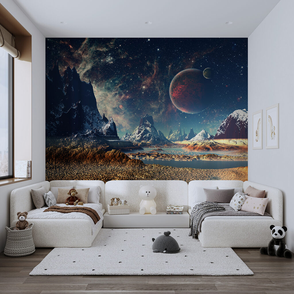 Landschap van bergen en water met planeten en sterren — interieur 7
