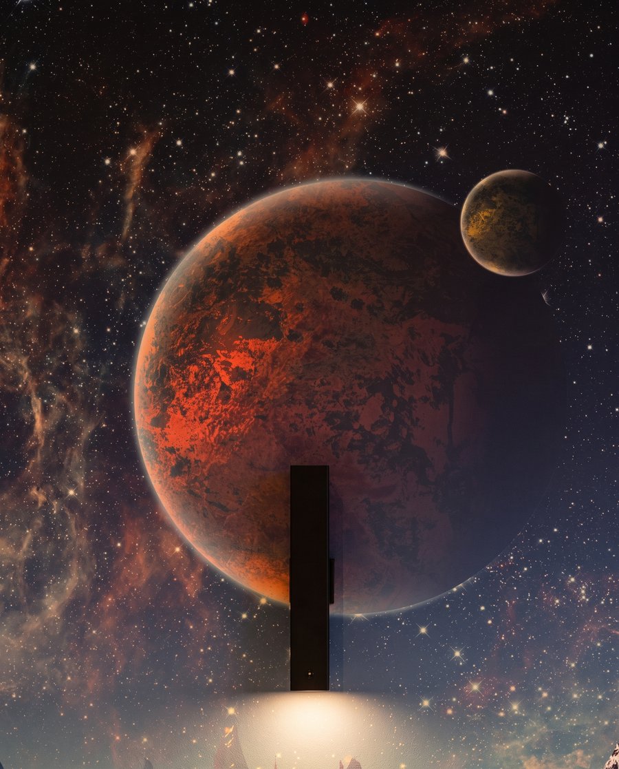 Planeten boven een bergwereld — detail