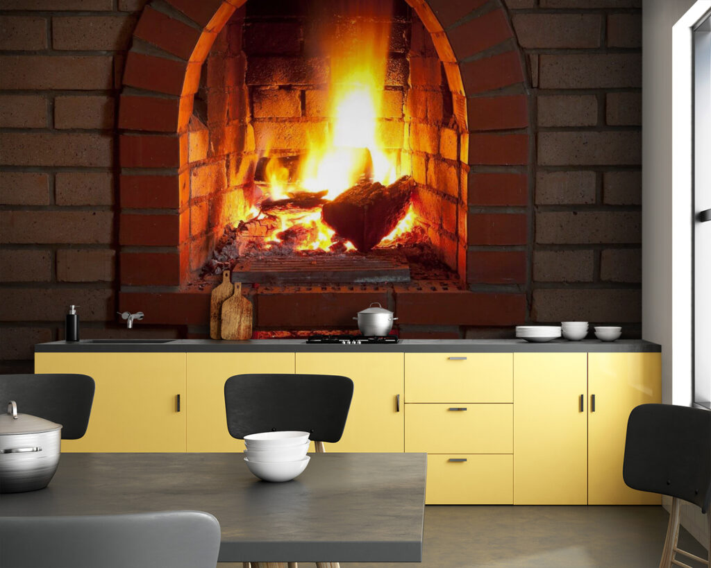 Vlammen achter een baksteenboog — interieur 4