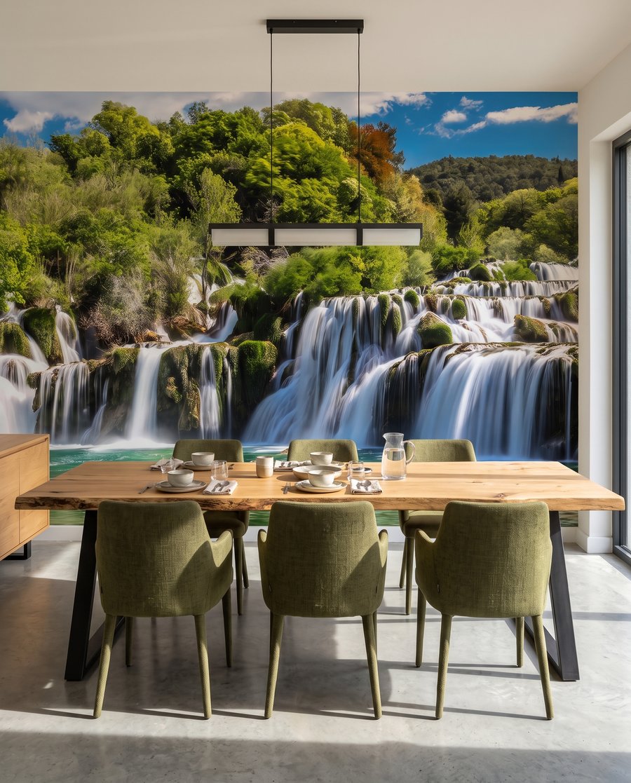 Groene poel onder watervallen in een interieur