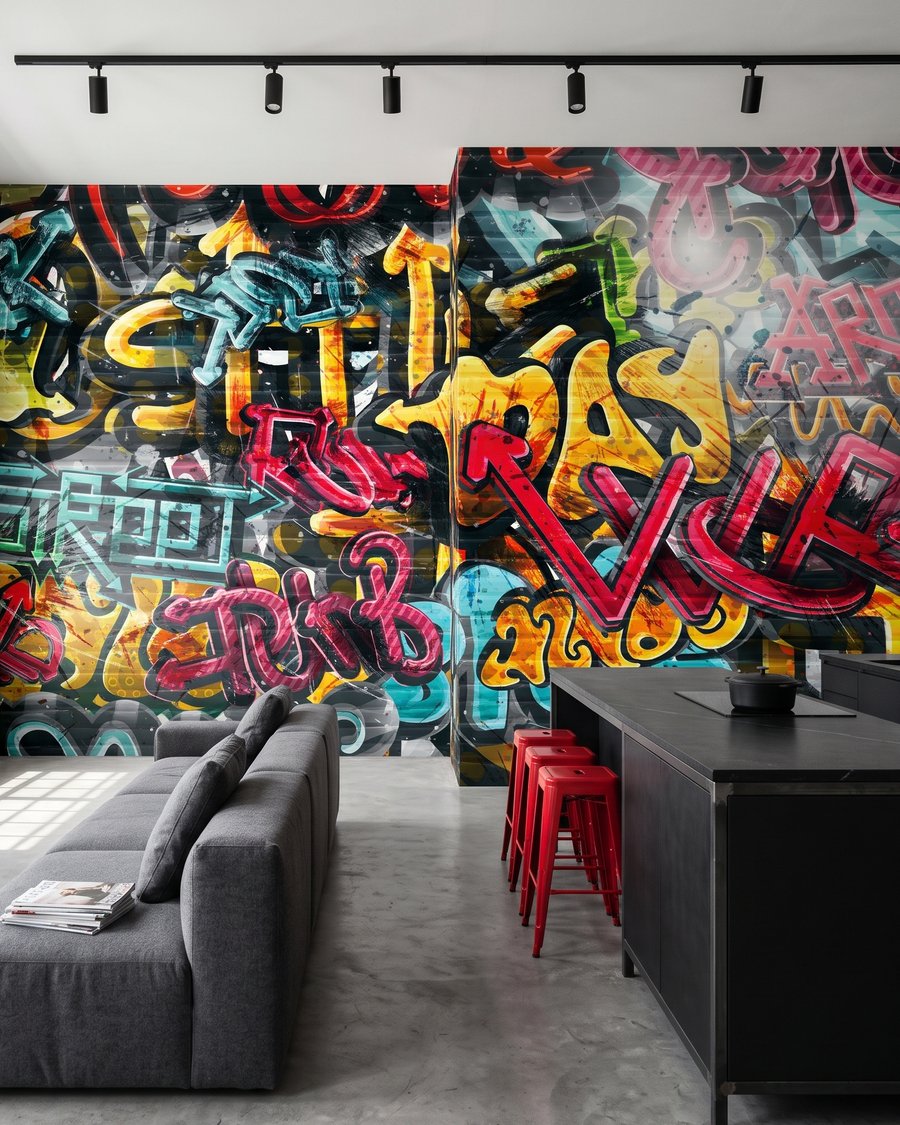Een muur vol graffiti in een interieur