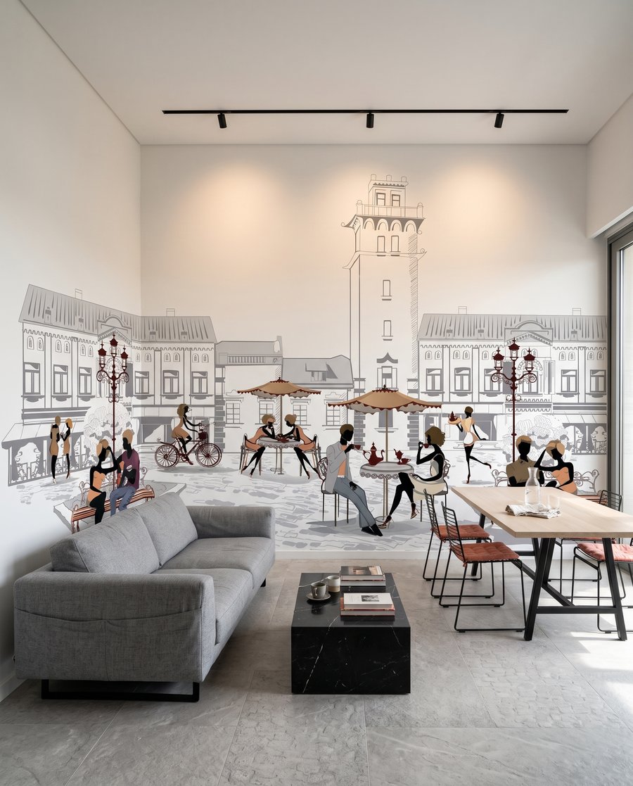 Terrasstoelen op het stadsplein in een interieur