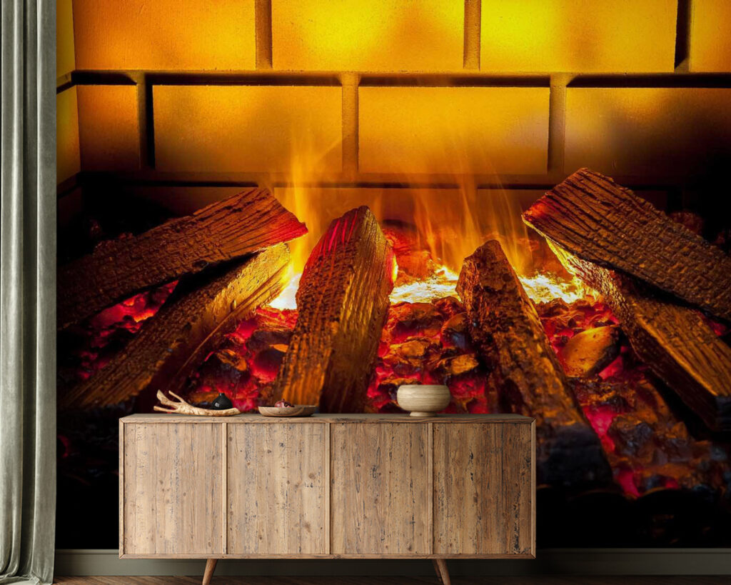 Houtblokken in gouden vuurgloed — interieur 3