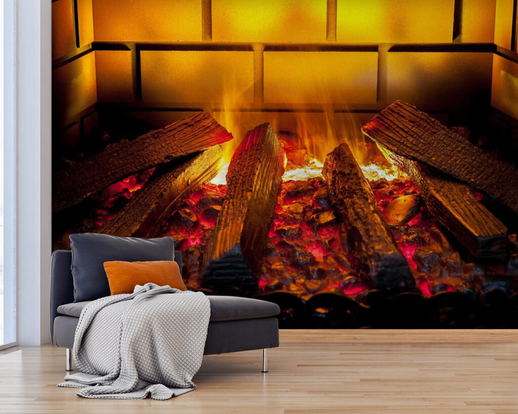 Houtblokken in gouden vuurgloed — interieur 1