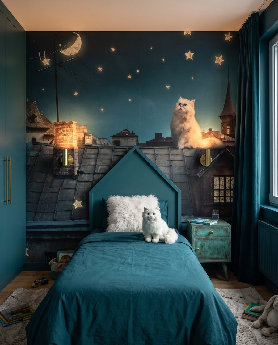 Een kat tussen sterren in een interieur