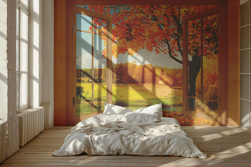 Herfstboom achter open ramen — interieur 5
