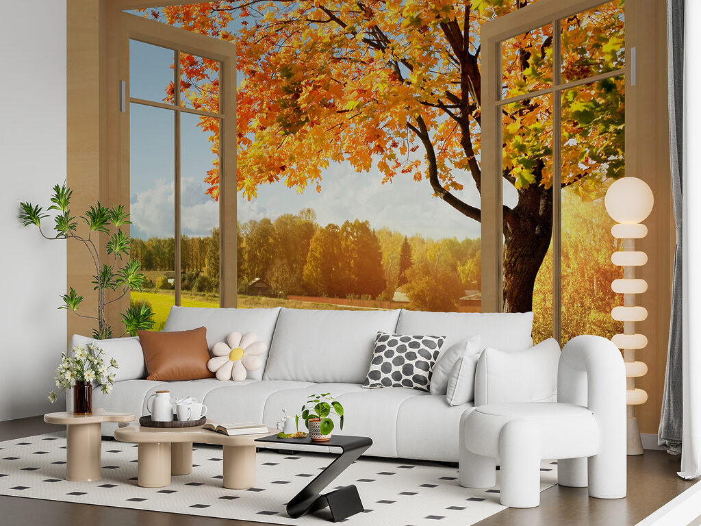 Herfstboom achter open ramen — interieur 4