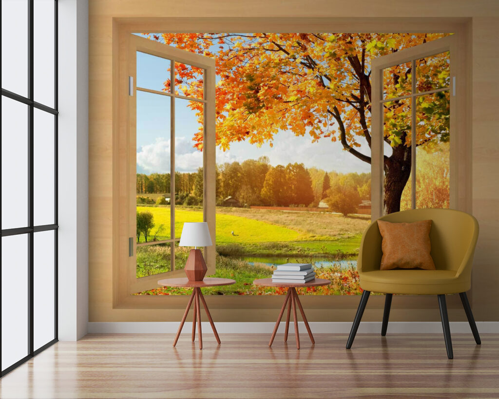 Herfstboom achter open ramen — interieur 2