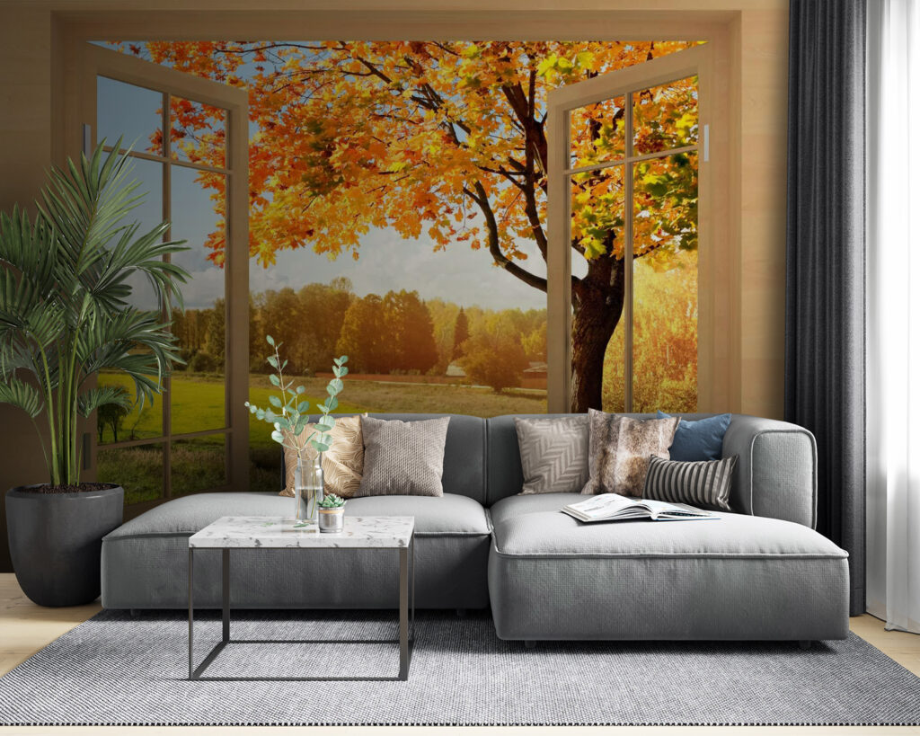 Herfstboom achter open ramen — interieur 3