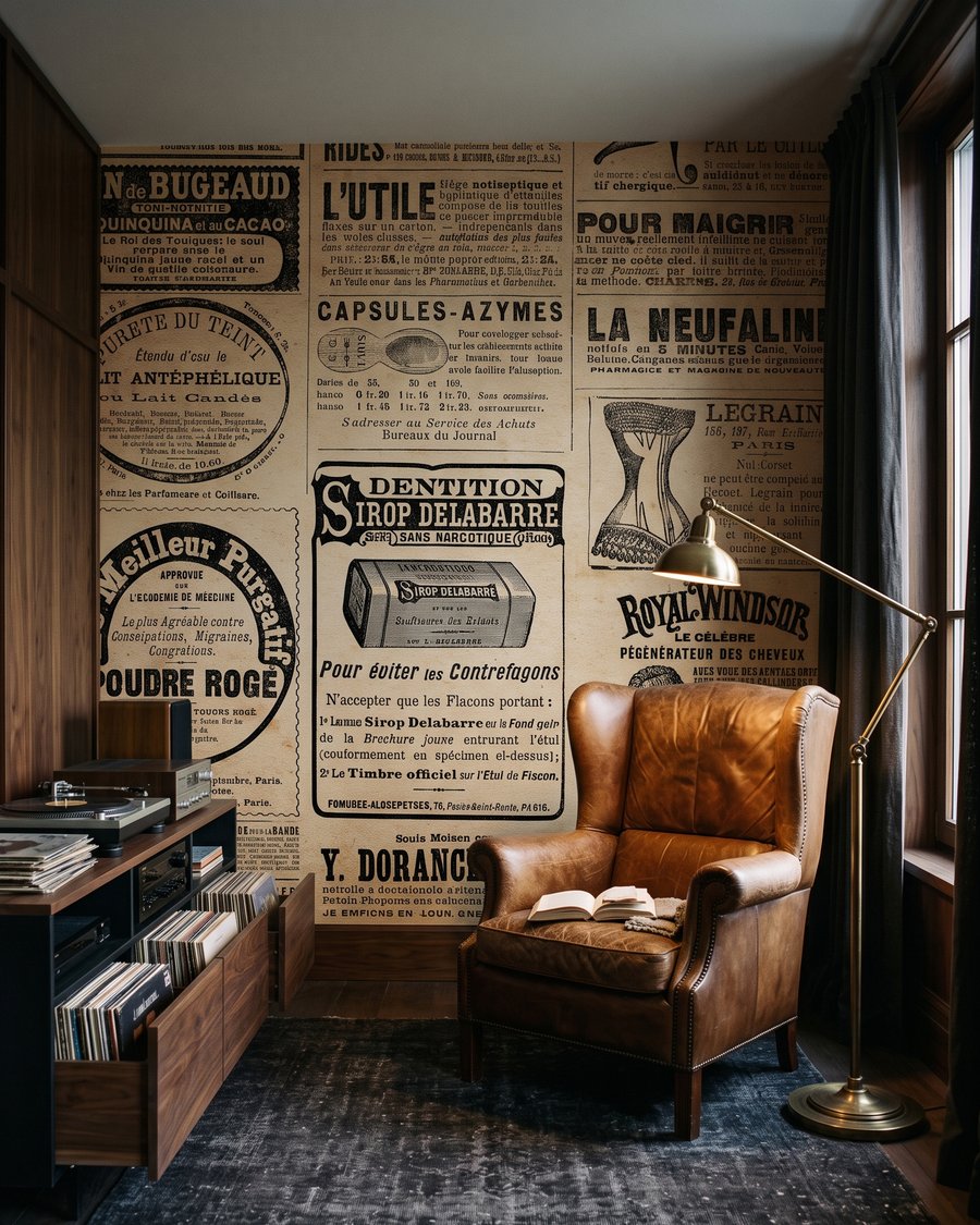 Blad vol oude advertenties in een interieur