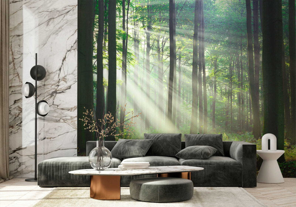 Boslicht door rechte stammen — interieur 7