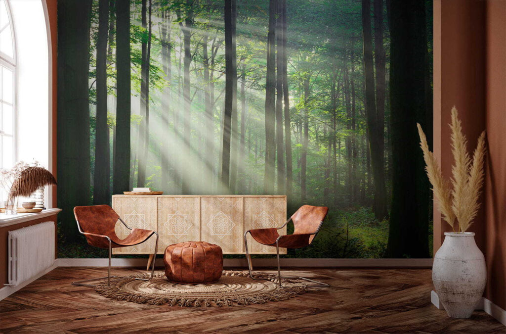 Boslicht door rechte stammen — interieur 8