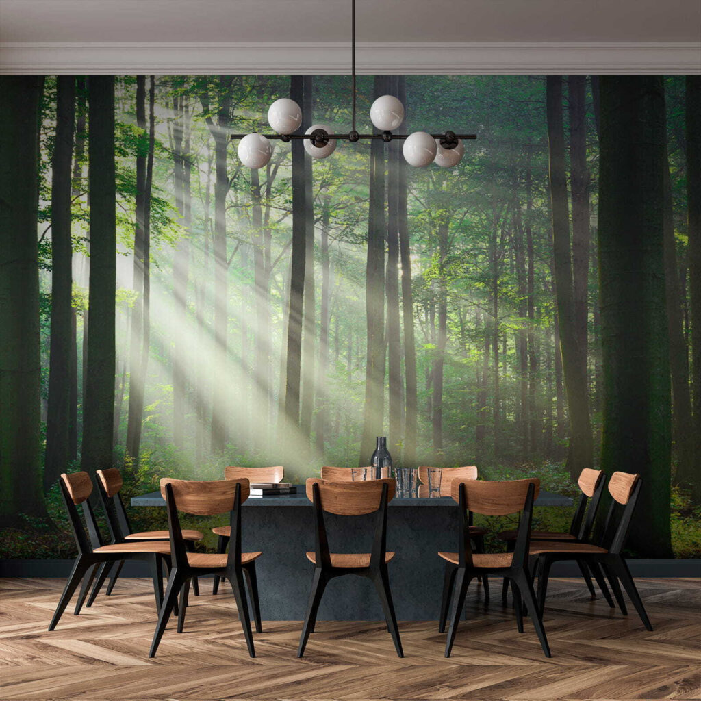 Boslicht door rechte stammen — interieur 9
