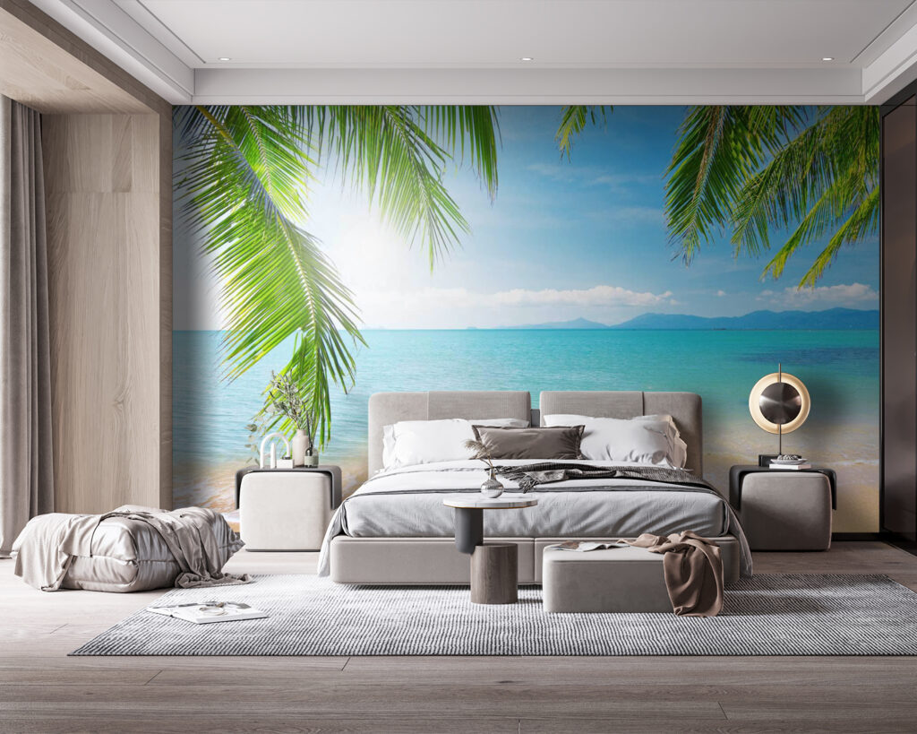 Strand met palmbomen en blauw water — interieur 1