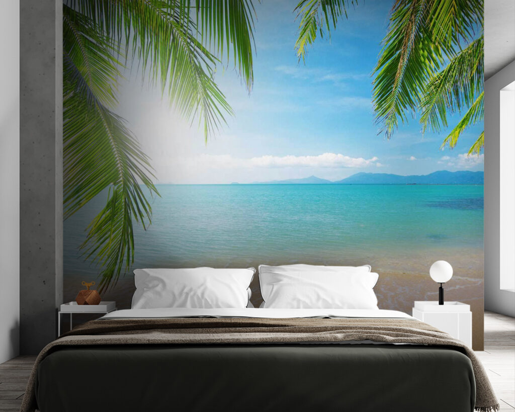 Strand met palmbomen en blauw water — interieur 2