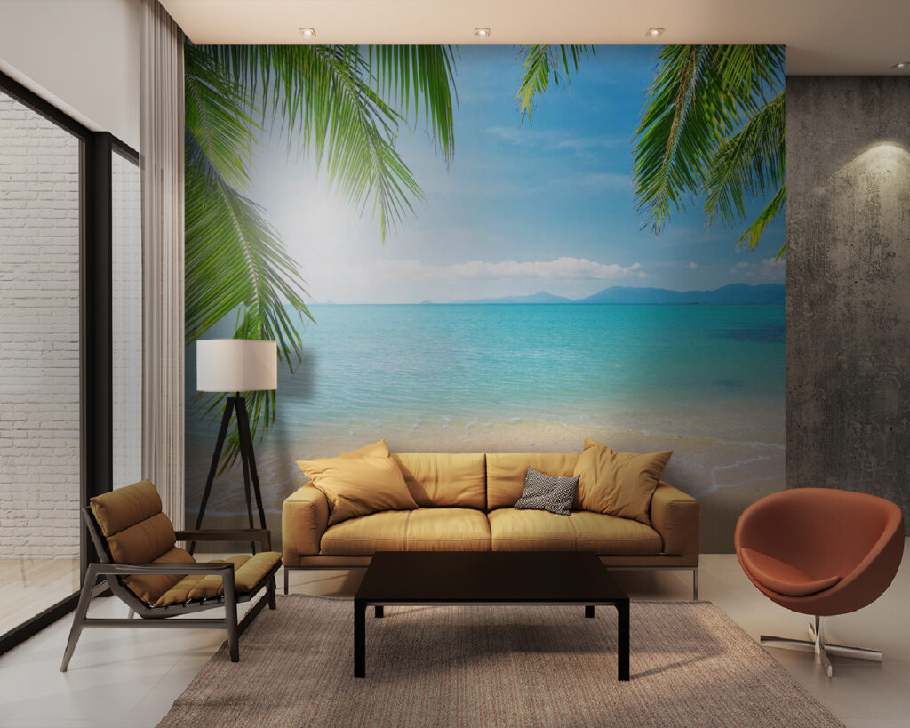 Strand met palmbomen en blauw water — interieur 3