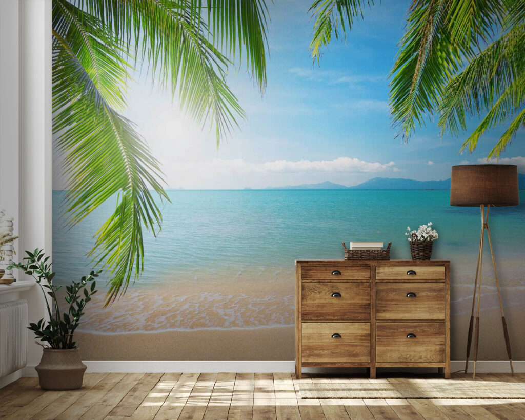 Strand met palmbomen en blauw water — interieur 4