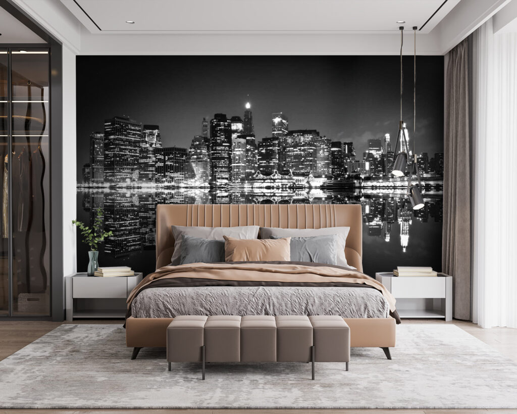 Stadslichten spiegelen in zwartwit — interieur 1