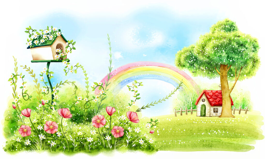Vogelhuisje naast een regenboog — volledig ontwerp