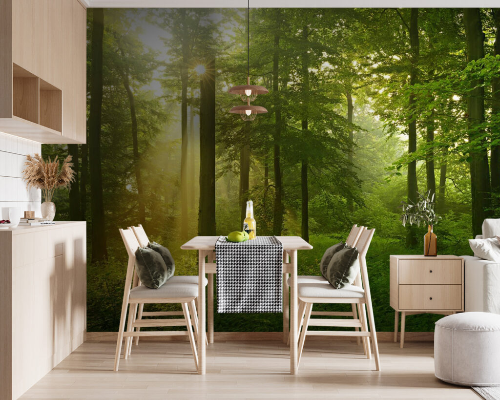 Gouden boslicht tussen stammen — interieur 3