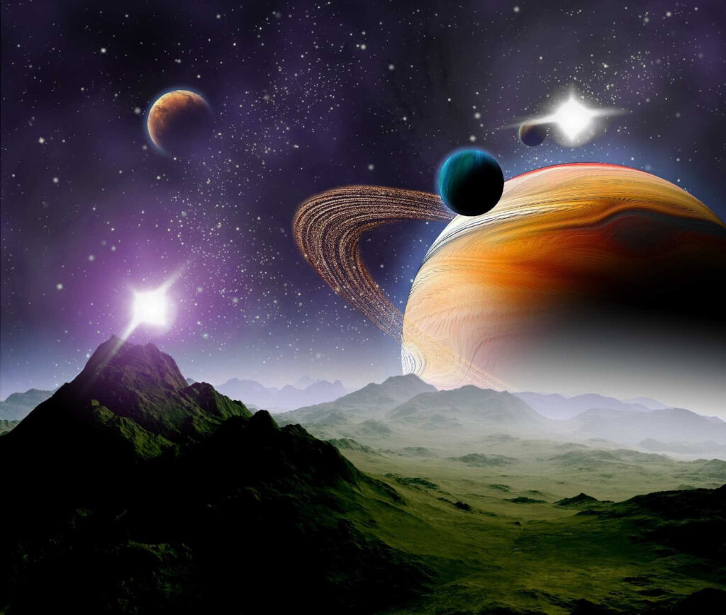 Planeten boven een bergdal — volledig ontwerp