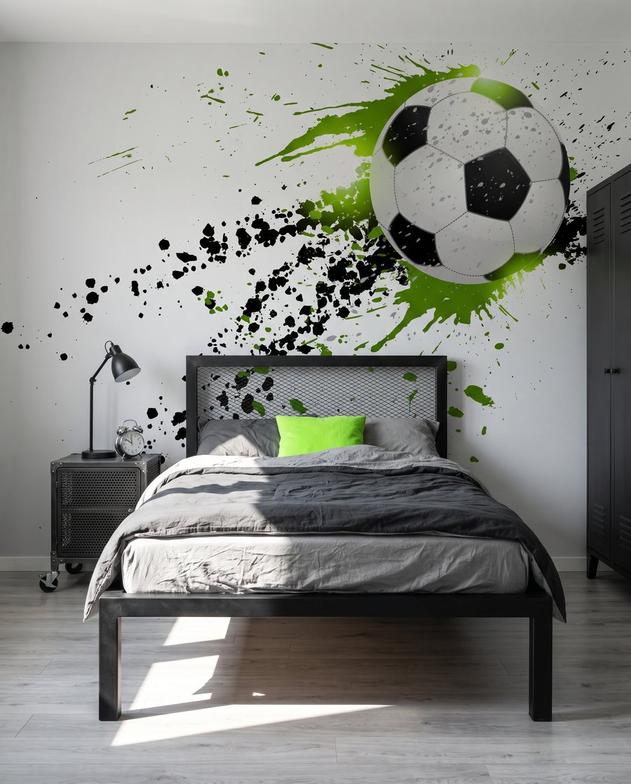 Voetbal in groene verfspatten in een interieur