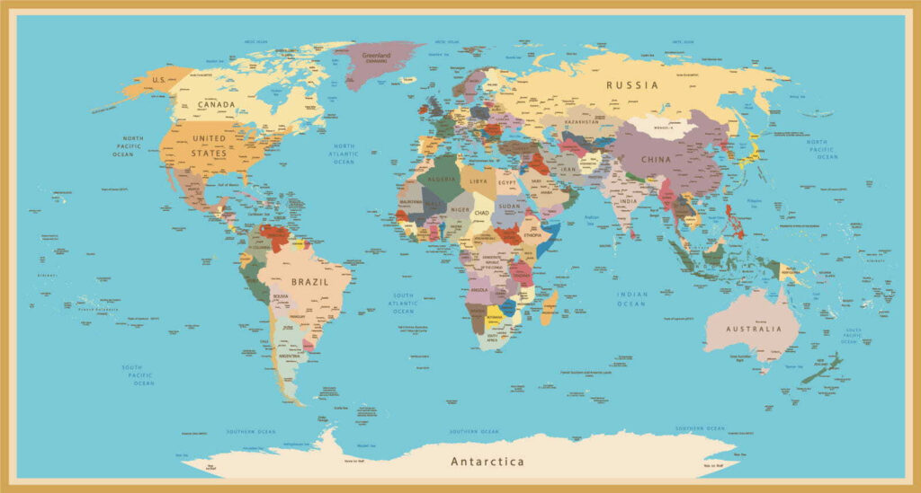 Wereldkaart in een goudrand — volledig ontwerp