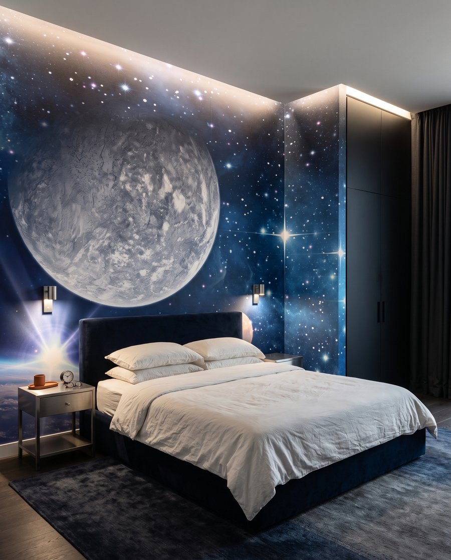 Maanwereld vol blauwe sterren in een interieur