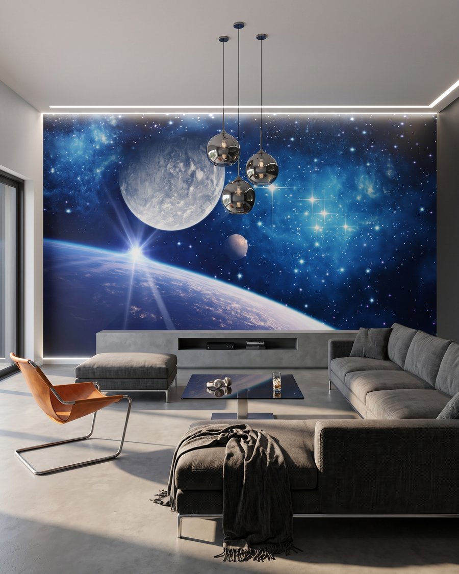 Maanwereld vol blauwe sterren in een interieur