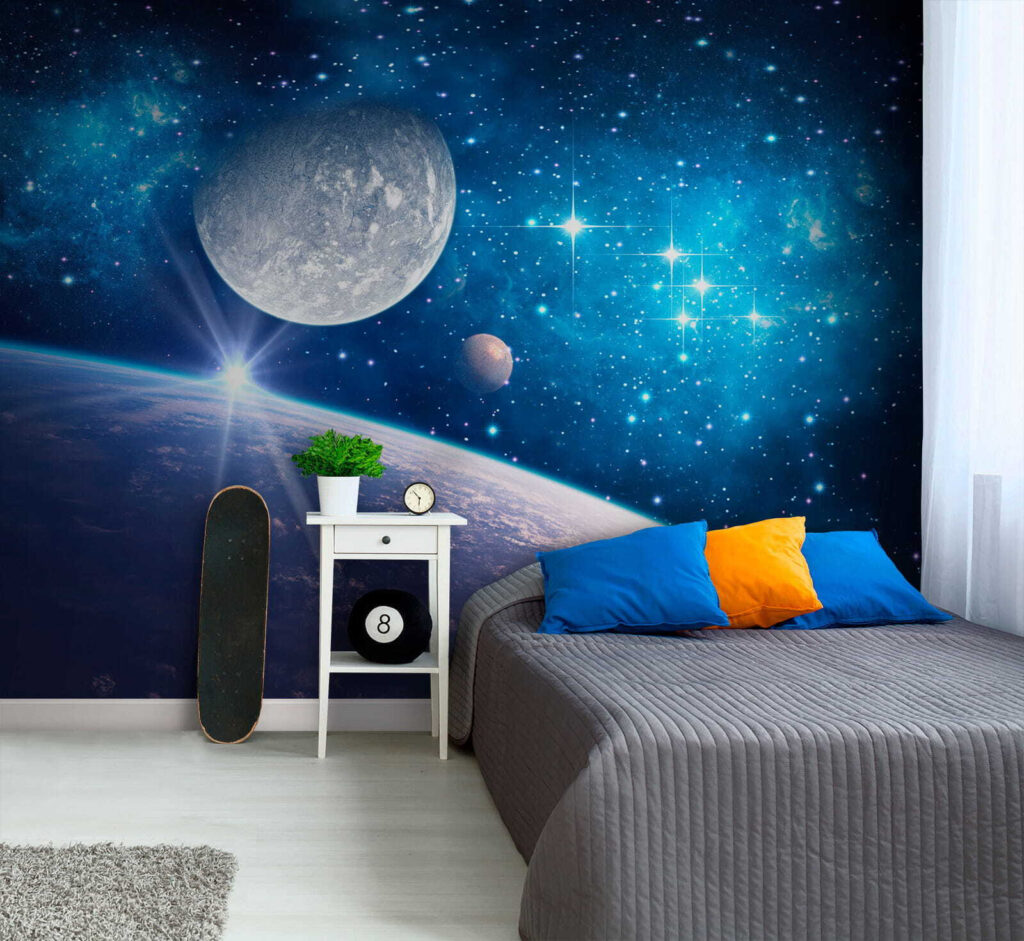 Planeet en maan in de ruimte in een interieur
