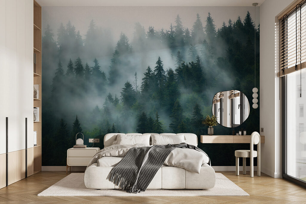 Nevel tussen donkergroene naaldbomen — interieur 11