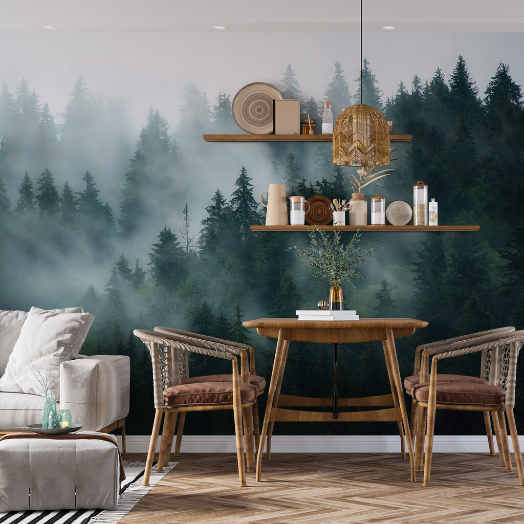 Nevel tussen donkergroene naaldbomen — interieur 12