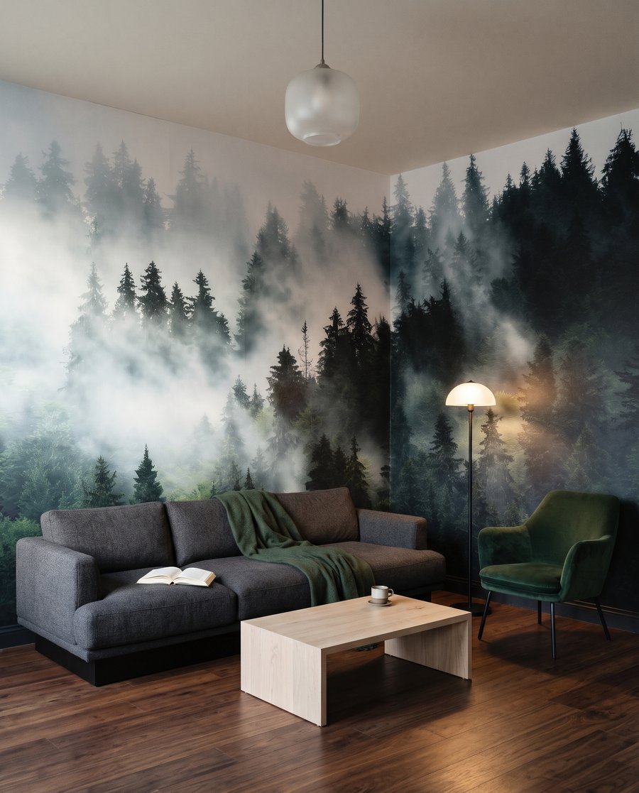 Nevel tussen donkergroene naaldbomen in een interieur
