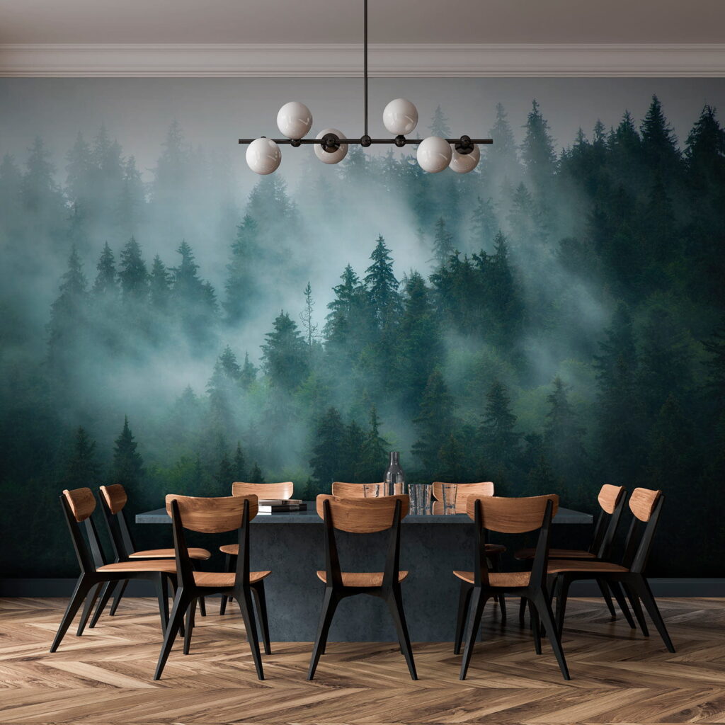 Nevel tussen donkergroene naaldbomen — interieur 10
