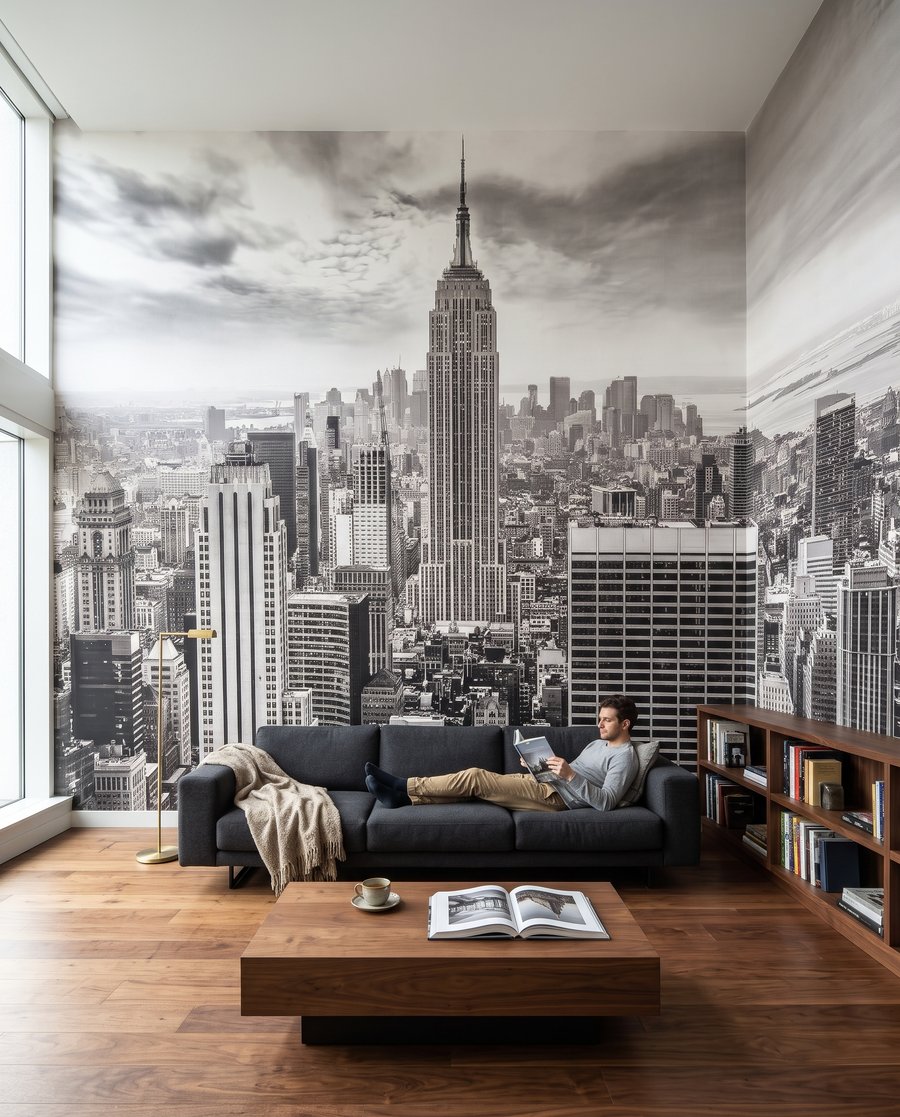 Een skyline in zwart-wit in een interieur