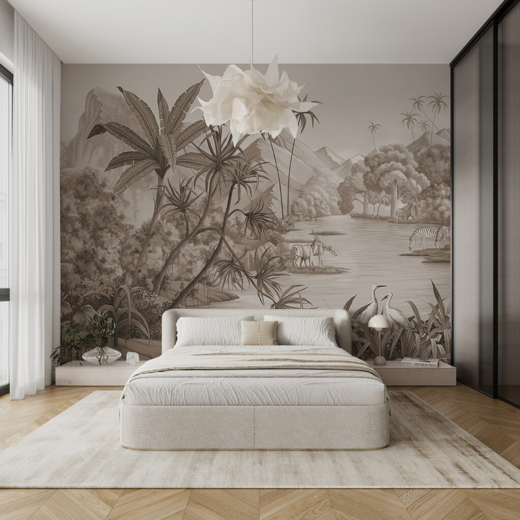 Een rivier met zebra's en bergen in een interieur