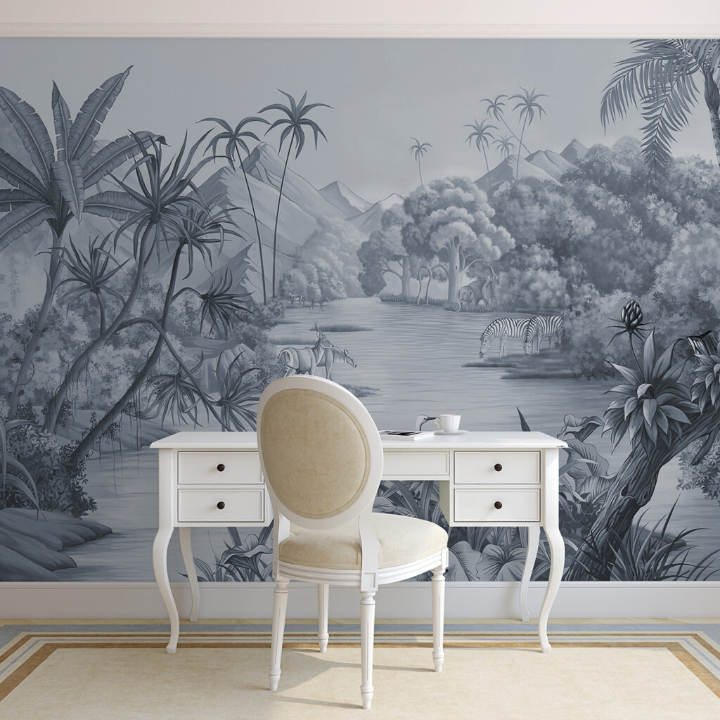 Een rivier met zebra's en bergen — interieur 1