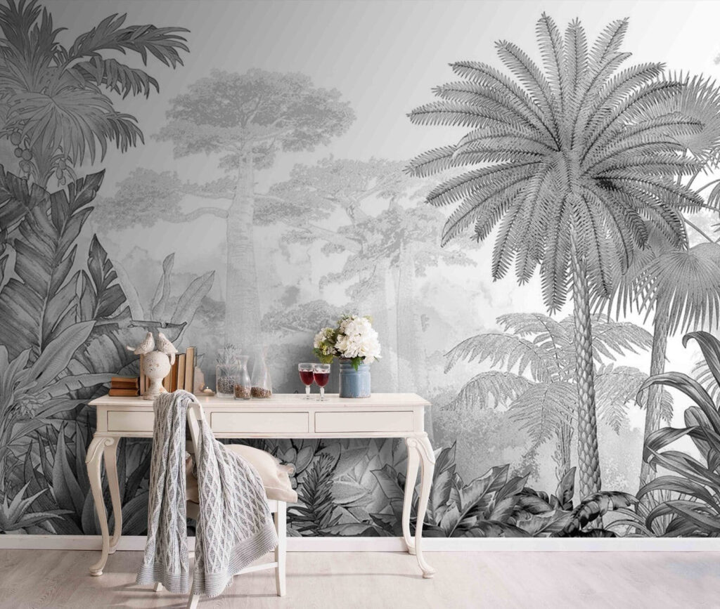 Zwart-wit afbeelding van een bos in een interieur