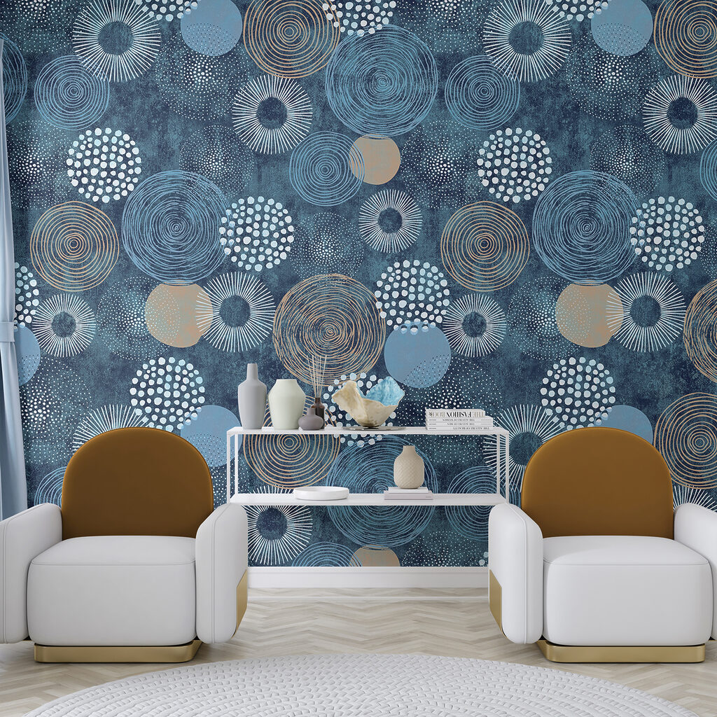 Blauw en wit patroon met cirkels — interieur 3