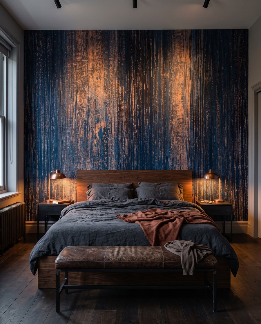 Blauwe stroken met roestsporen in een interieur