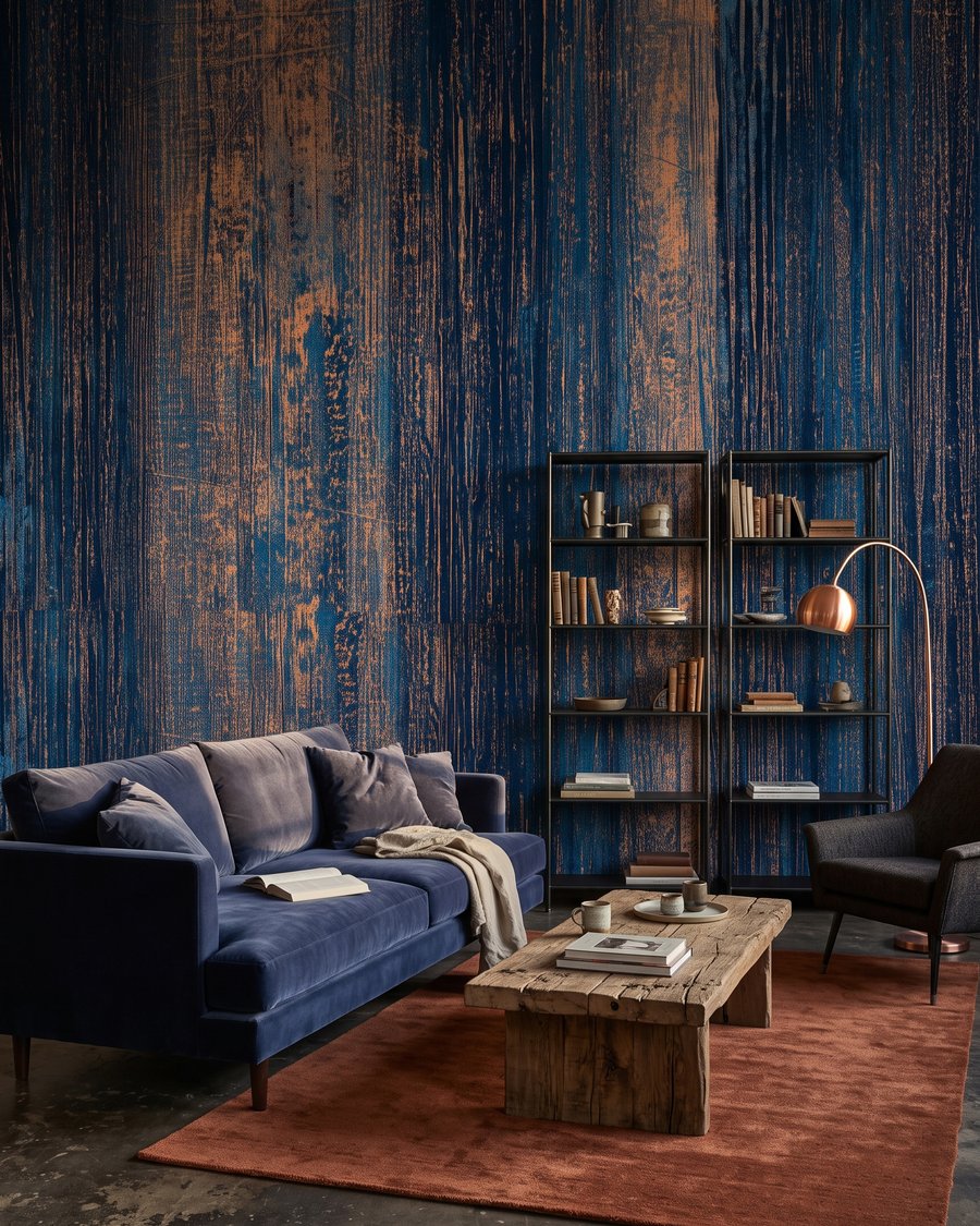 Blauwe stroken met roestsporen in een interieur
