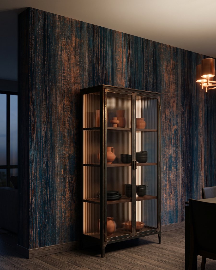 Blauwe stroken met roestsporen in een interieur