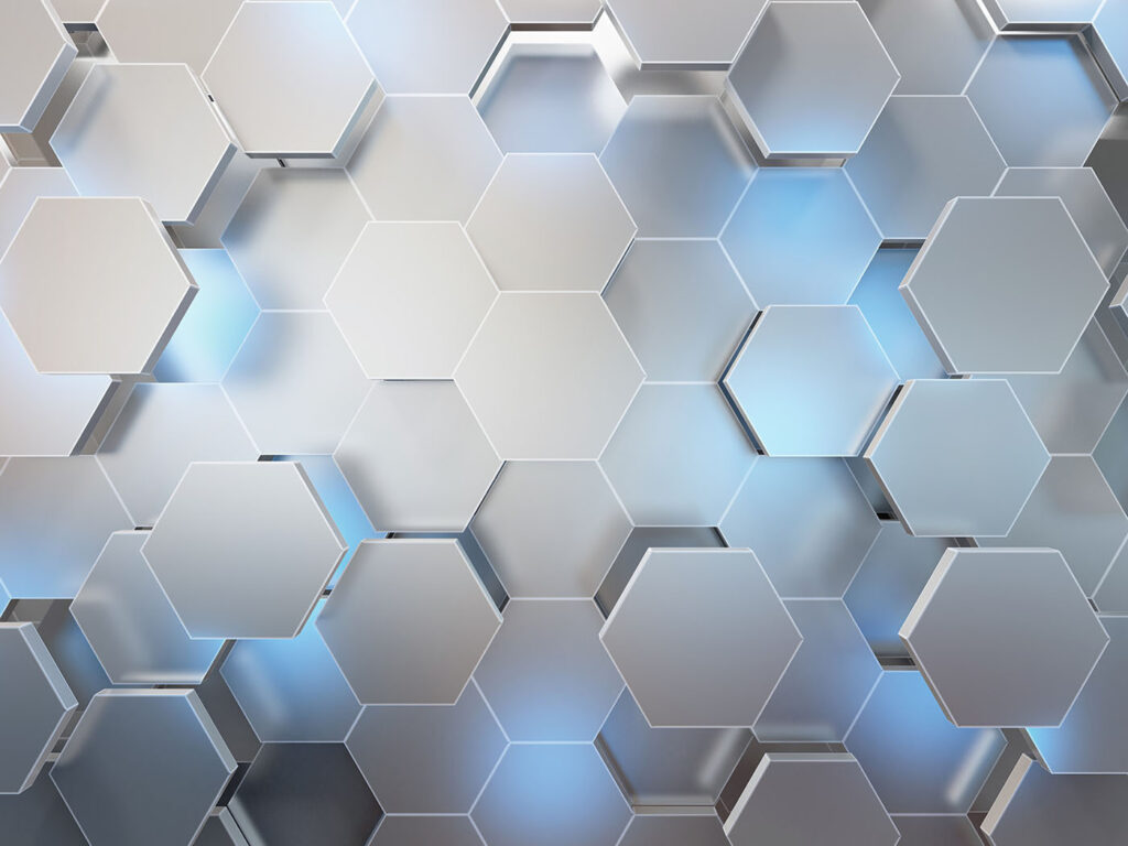 Witte zeshoeken met blauwe lichtjes — volledig ontwerp