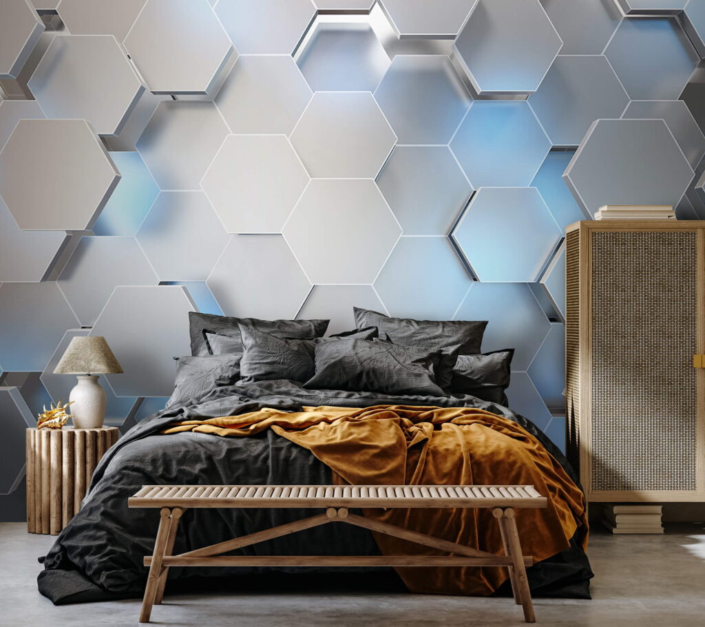 Witte zeshoeken met blauwe lichtjes — interieur 2