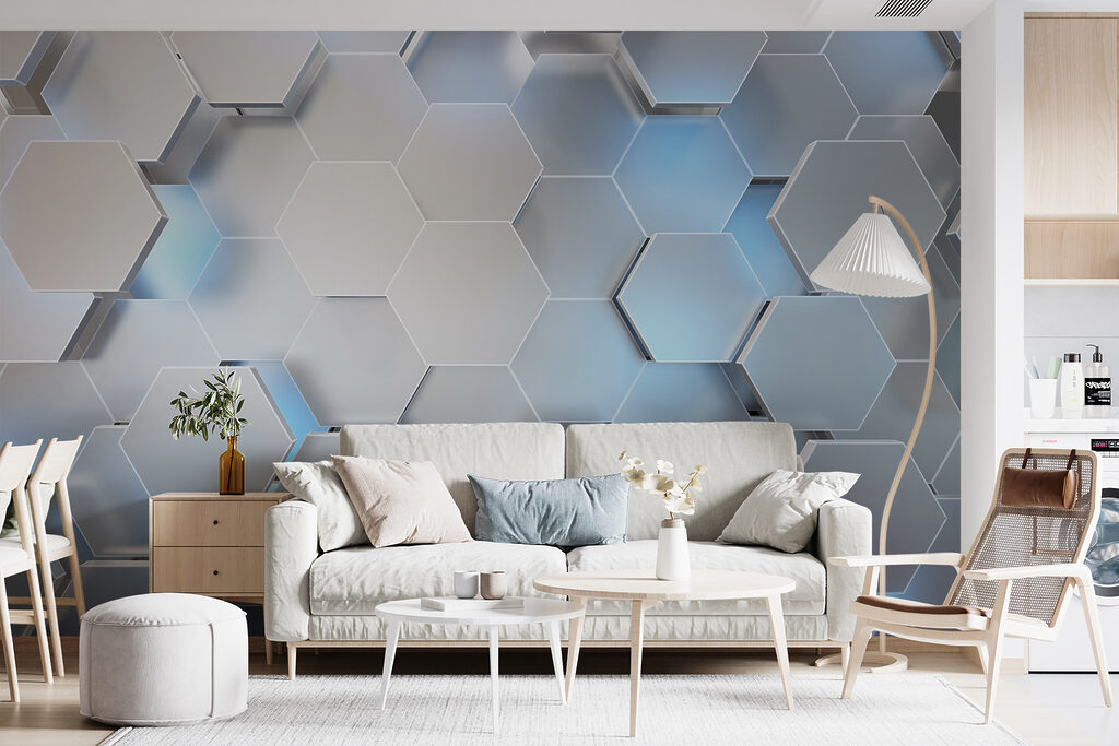 Witte zeshoeken met blauwe lichtjes — interieur 5