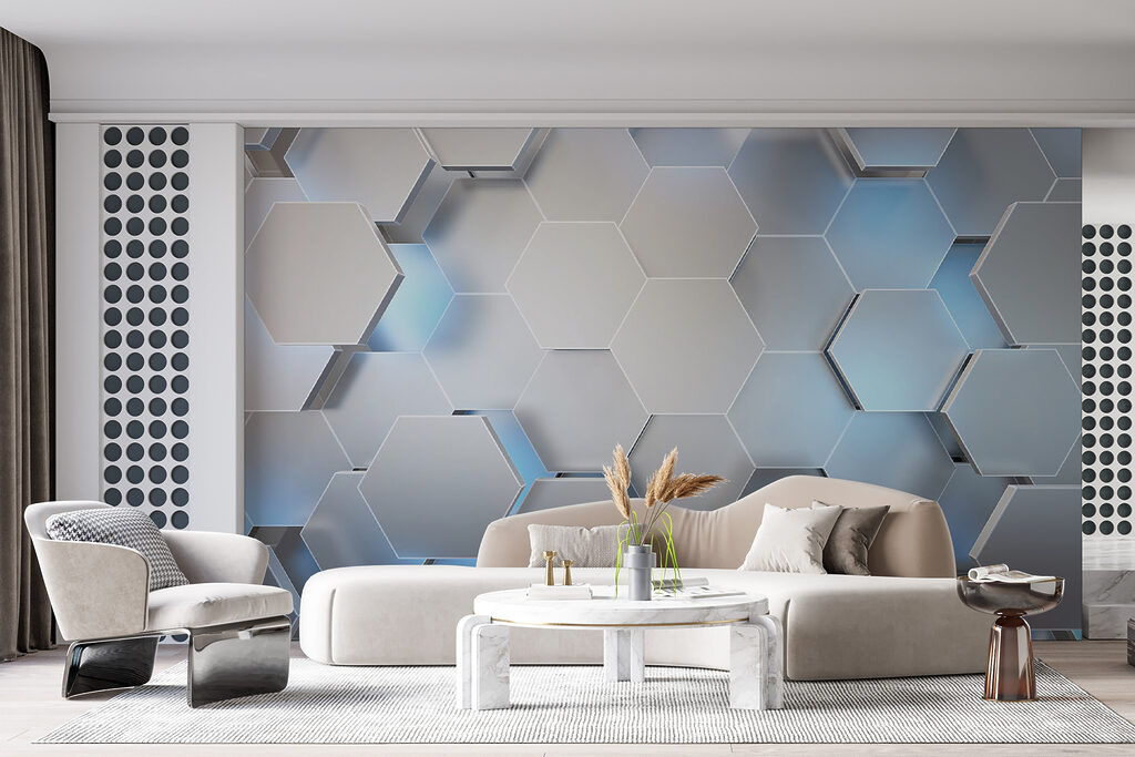 Witte zeshoeken met blauwe lichtjes — interieur 6
