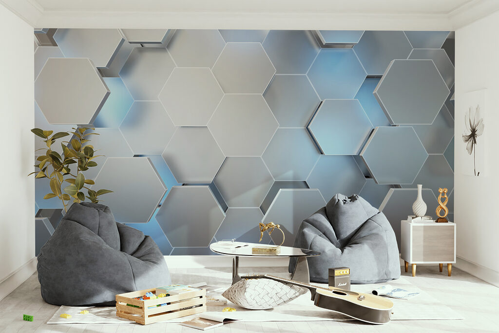 Witte zeshoeken met blauwe lichtjes — interieur 8