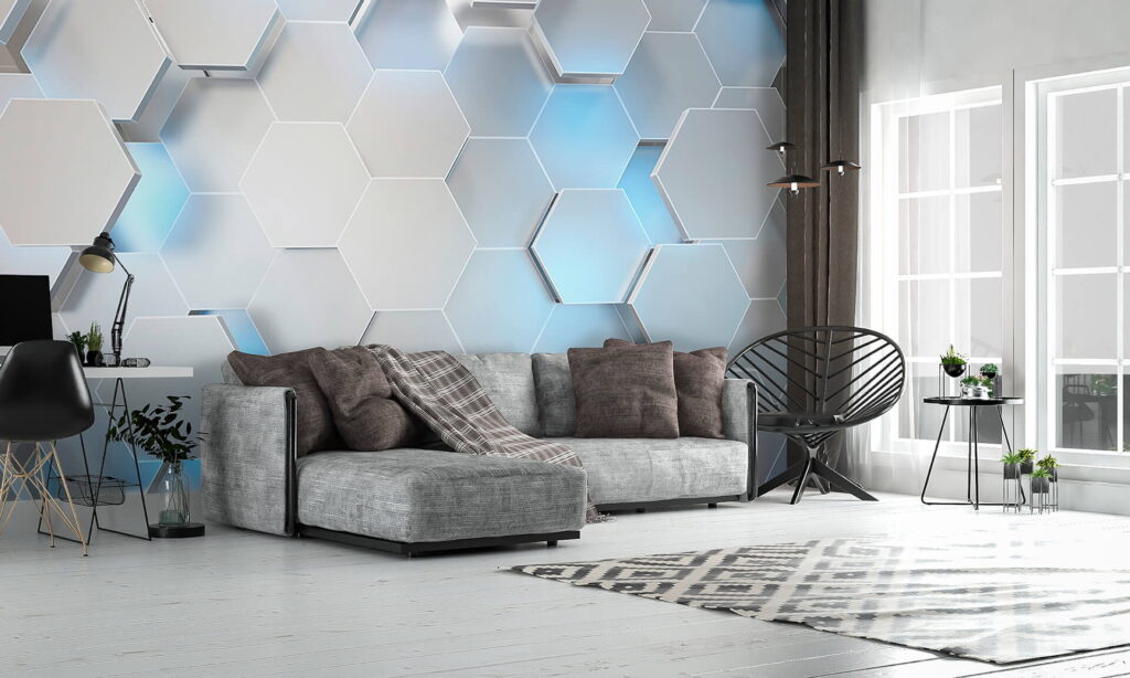 Witte zeshoeken met blauwe lichtjes — interieur 3