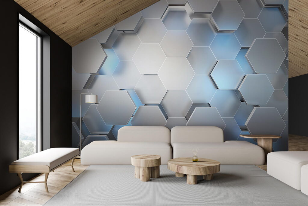 Witte zeshoeken met blauwe lichtjes — interieur 4