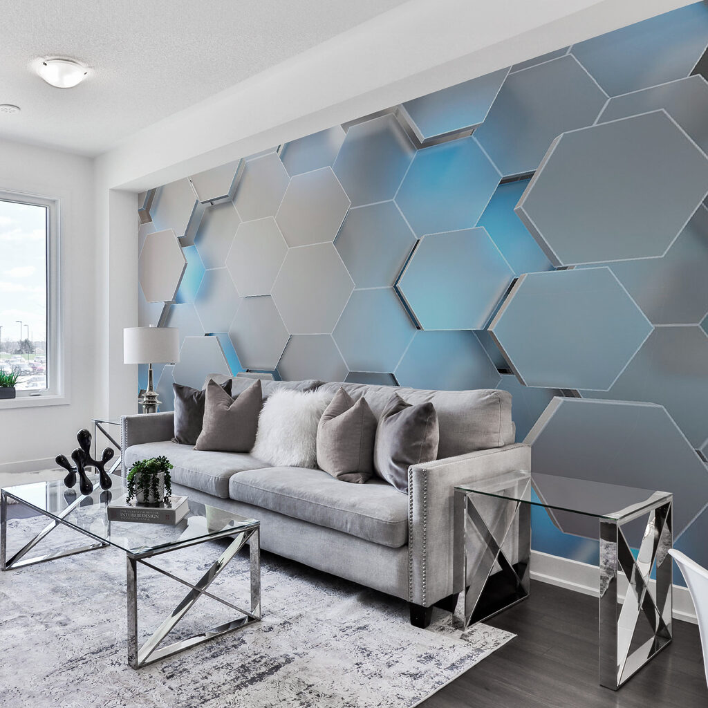 Witte zeshoeken met blauwe lichtjes — interieur 7